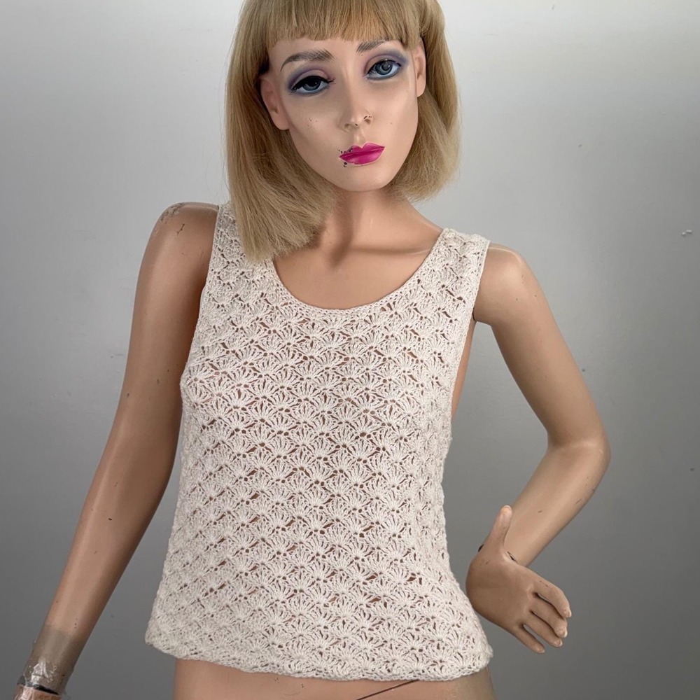 Vintage Handmade White Crochet Tank‎ Top Boho Cottagecore Coastal Grandmother S